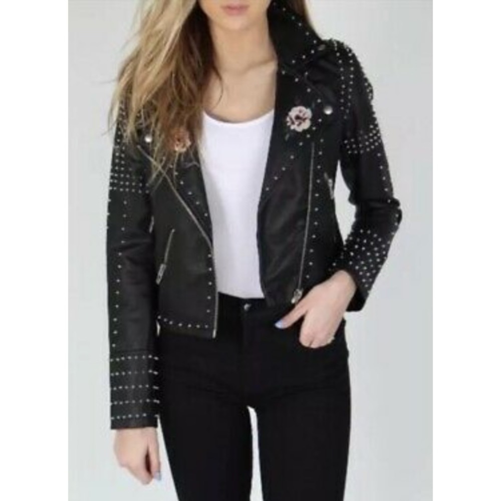Blank NYC Studded & Floral Faux Leather Jacket